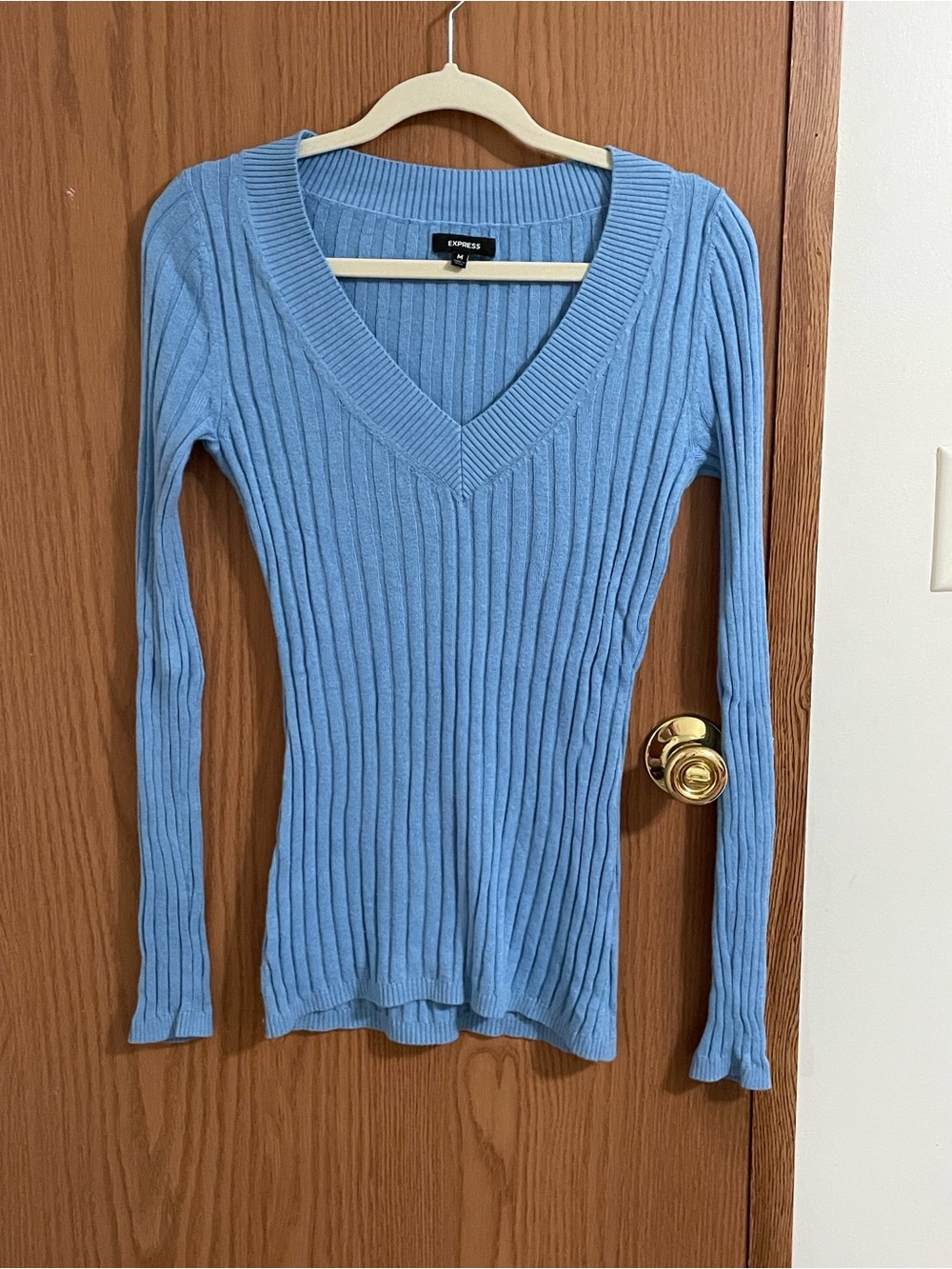 Express Women's Light Blue Ribbed V-Neck Sweater